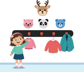 Cute little girl choosing clothes from animal-themed wall hooks, children wardrobe organization illustration for preschool learning, kindergarten dressing activity art