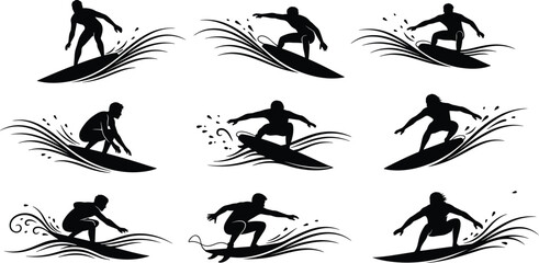 Silhouette surfers riding ocean waves, surfing vector illustration, extreme water sports artwork, surfboard athlete design, beach adventure graphic