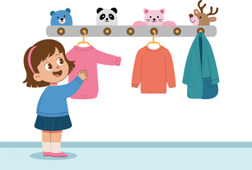 Cute little girl choosing clothes from animal-themed wall hooks, children wardrobe organization illustration for preschool learning, kindergarten dressing activity art