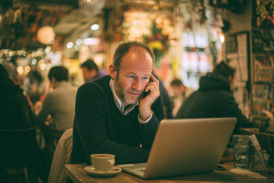 Man in Café Surprised by Loud Phone Alarm While Working on Laptop