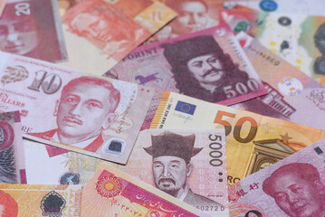 Money background, currency exchange, paper banknotes from different countries. Money cash currency