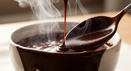 Rich, steaming hot chocolate sauce pouring from a spoon into a bowl, creating a decadent dessert moment.