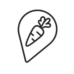 Minimal black tilted carrot symbol within organic-shaped marker, fine-outline vector, no shading, perfect for nutrition dashboards and grocery selection tools.