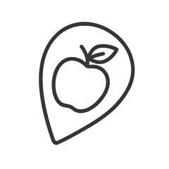 Minimal black tilted apple symbol within organic-style marker, fine-outline vector, no shading, suited for nutrition, grocery and natural products interfaces.
