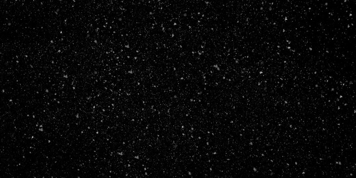 Snow texture overlay with very small, blurred white particles falling against an isolated dark black background horizontally