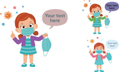 Cute cartoon girl wearing medical mask holding extra face mask, health safety awareness illustration with virus icons and editable text bubble