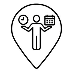 Thin-line black time management icon inside upward arrow pin, transparent PNG, suitable for productivity coaching and personal efficiency UI.