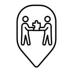 Thin-line black teamwork icon with puzzle exchange inside vertical badge marker, flat vector, transparent PNG, perfect for collaboration and soft skills interfaces.