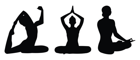 Yoga and meditation icon vector symbol. Yoga silhouette vector. Relaxation inner peace self-knowledge. International yoga day. Vector illustration.