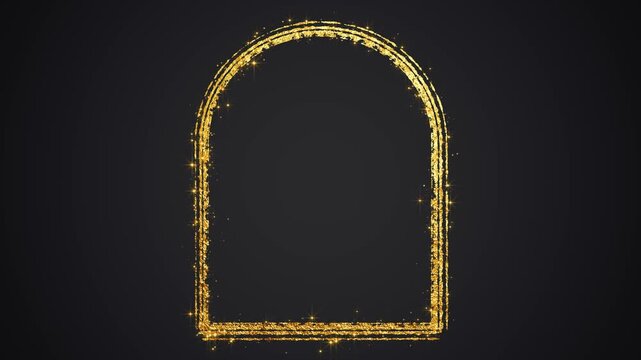 gold arch border frame brush stroke and golden glitter star dust on black animation, luxury grunge paint motion design element	