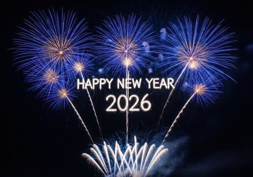 Happy new year 2026 celebration with vibrant blue fireworks show