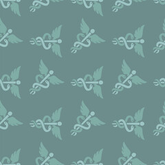 Seamless medical background with winged caduceus symbols in a soft blue palette