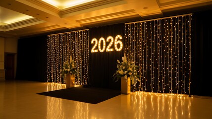 Illuminated 2026 sign on stage with flower decorations for new year celebration event