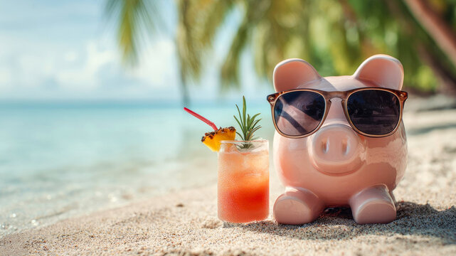 A pink piggy bank in sunglasses relaxes on a tropical beach with a cold cocktail. The concept of saving for a vacation, financial planning, money, summer resort