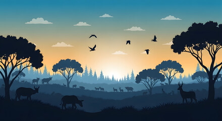 Wildlife silhouettes in forest at sunset, a serene landscape