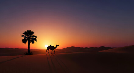 Camel and palm tree silhouette walking in desert at sunset