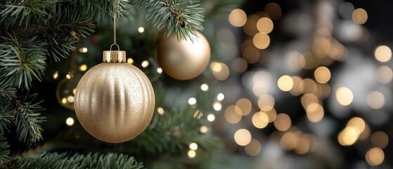 Obraz premium A shiny golden ornament dangles from a pine branch, surrounded by soft warm lights, creating a cozy holiday atmosphere