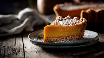 Slice of pumpkin-orange pie with crispy sugar crust on rustic table