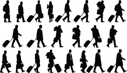 Silhouettes of business travelers walking with luggage, airport passengers carrying bags and suitcases, isolated travel people for design and advertising