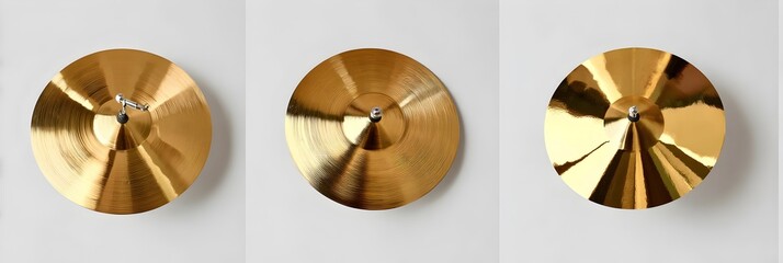 Three top-down golden cymbals with varying degrees of reflection and texture.