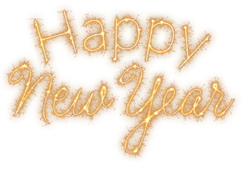 Happy New Year text in sparkling gold sparkler light with a mix of stick and script font isolated on a transparent background