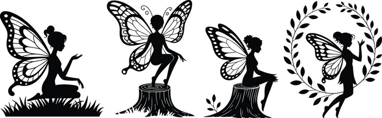 Naklejka premium Black silhouette vector collection of fantasy fairies with butterfly wings sitting on tree stump and framed by a wreath.