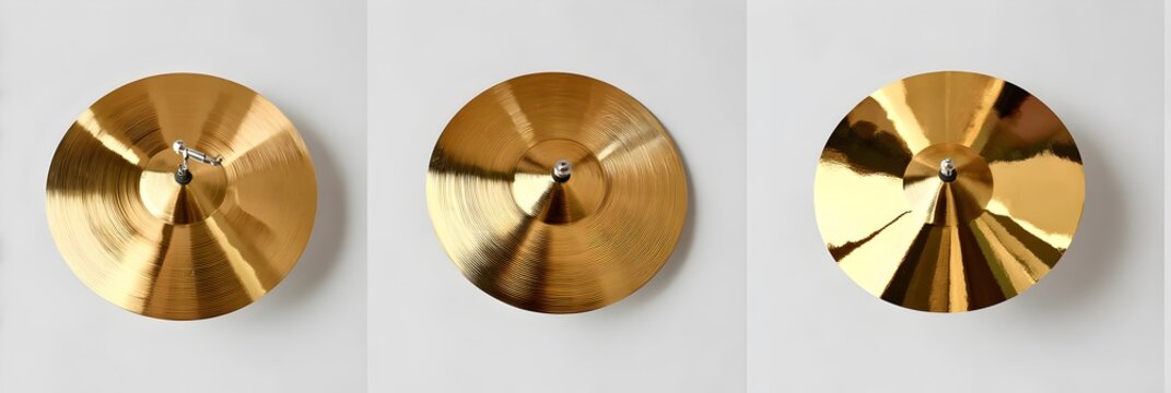 Three top-down golden cymbals with varying degrees of reflection and texture.
