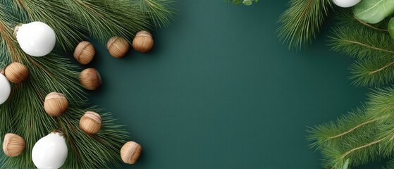 A serene arrangement features snowflakes and branches paired with evergreen sprigs against a smooth green backdrop