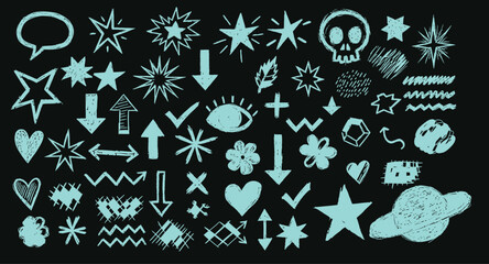 Collection of hand drawn doodle icons and symbols on black background