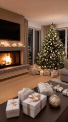 Naklejka premium A cozy cabin interior showcases a beautifully decorated Christmas tree, a glowing fireplace, and colorful presents stacked nearby