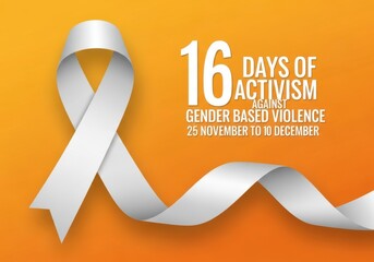 16 days of activism against gender based violence, november 25 to december 10, symbolized by a white ribbon on an orange background