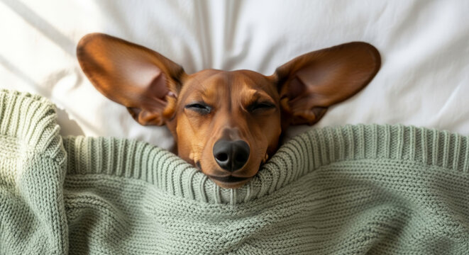 Dachshund sleeping in cozy bed