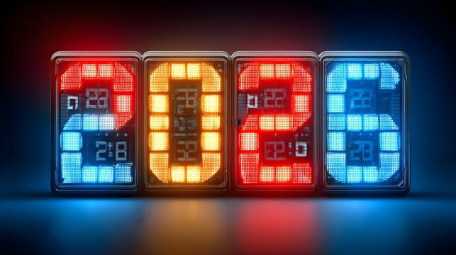 Happy 2025 New Year with gold glitter text and ribbon on a black background.