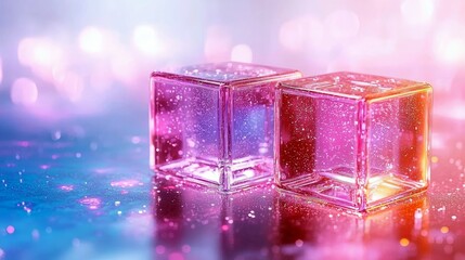Two transparent cubes filled with glittering particles sit on a reflective surface, bathed in soft pink and blue light with a blurred bokeh background.
