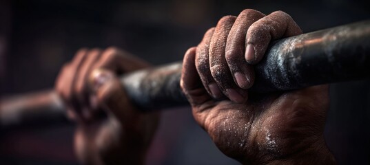 Close-up of Hands Gripping Pull-Up Bar with Chalk and Veins in Gym Lighting