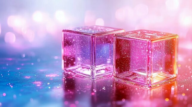 Two transparent cubes filled with glittering particles sit on a reflective surface, bathed in soft pink and blue light with a blurred bokeh background.