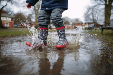 Child in Bright Boots Splashing in Deep Puddle at Cloudy Park