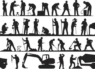 Construction worker silhouette vector set with tools, machinery, labor poses, teamwork, infrastructure tasks, and industrial site activities