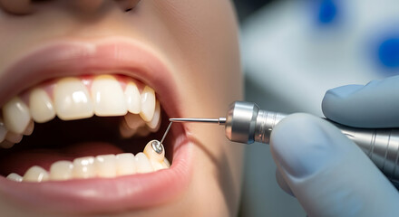 Close-up of a person's open mouth receiving dental care with a drill