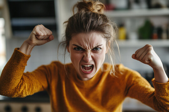 Furious young woman with clenched fists as symbol of strength and determination