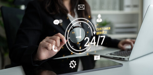 Concept of 24-hour customer service. Providing constant, non-stop support and assistance through multiple channels like phone, email, and chat for customer satisfaction. Fermion