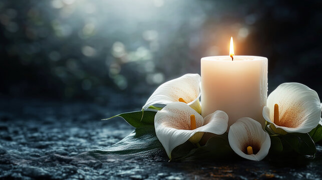 White flowers Calla with candle on black background. Copy space. The concept of estimates, mourning. white lilies calla flower with water droplets beside lit candle.