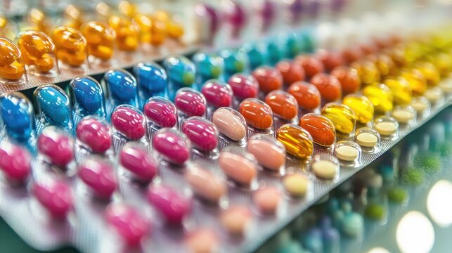Rows of pharmaceutical products displayed in a professional pharmacy