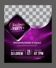 Merry christmas and holiday season party flyer happy new year greetings card with decorated night dj party poster