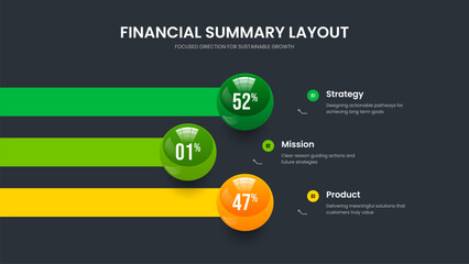 Professional Launch 3 Step Infographic Presentation Design. Elegant Strategy Three Option Chart Frame Layout. Service Introduction Slide Template Vector Illustration.