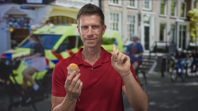 Man holding muffin and pointing index finger on city street with ambulance and cyclists nearby; curiosity decision.