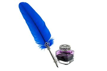 Blue quill pen and inkwell isolated on transparent background