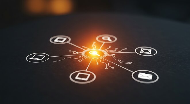 Central glowing hub with radiating lines connecting to various digital icons representing technology and communication on a dark background