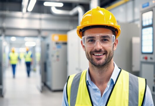 Male industrial worker in a yellow hard hat and safety vest in a high tech plant