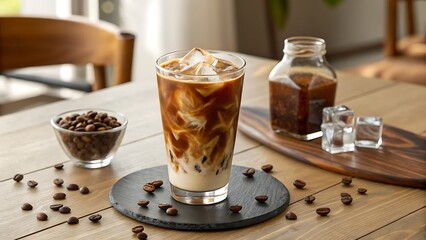 Iced latte with coffee beans and ice cubes on a wooden table, a delicious and refreshing drink to enjoy in a cozy cafe setting